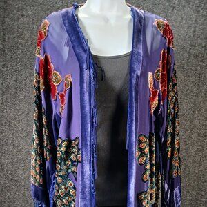 Embroidered Peacock Velvet Kimono Jacket with Beaded Fringe Hem
